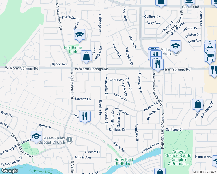 map of restaurants, bars, coffee shops, grocery stores, and more near 372 Manzanita Street in Henderson