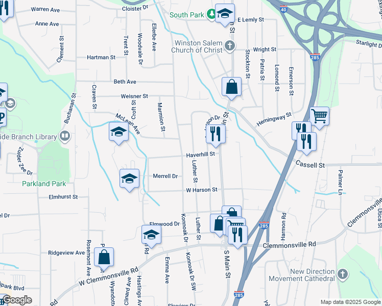 map of restaurants, bars, coffee shops, grocery stores, and more near 203 Haverhill St in Winston-Salem
