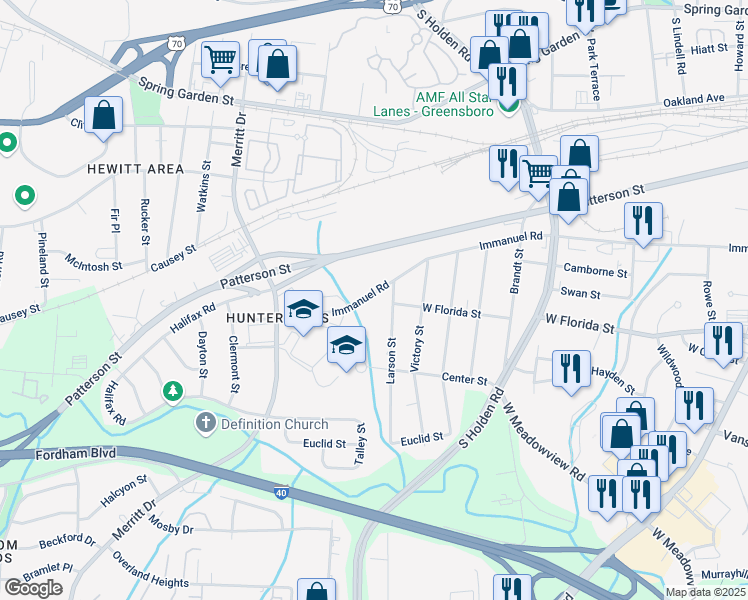 map of restaurants, bars, coffee shops, grocery stores, and more near 3409 Immanuel Road in Greensboro