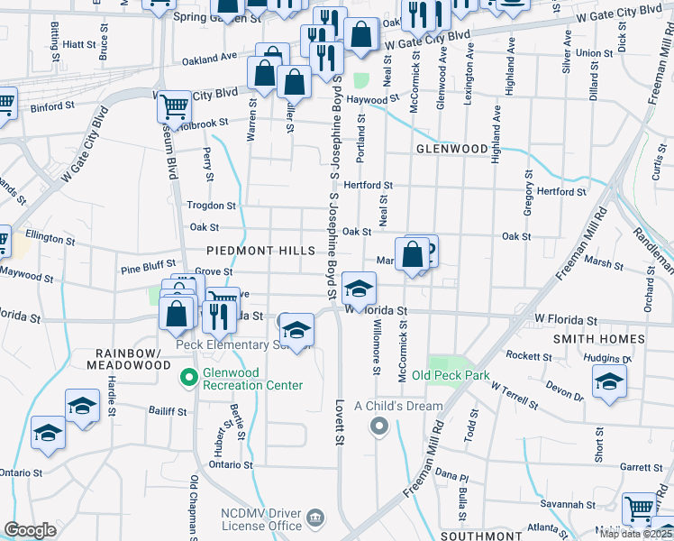 map of restaurants, bars, coffee shops, grocery stores, and more near 1309 South Josephine Boyd Street in Greensboro