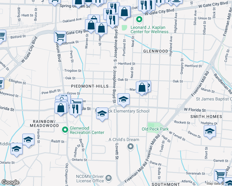 map of restaurants, bars, coffee shops, grocery stores, and more near 1309 South Aycock Street in Greensboro