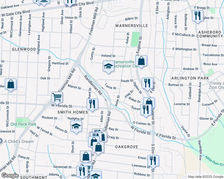 map of restaurants, bars, coffee shops, grocery stores, and more near 507 Lama Street in Greensboro