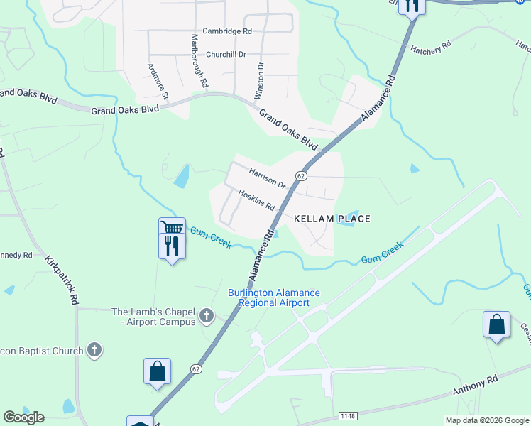 map of restaurants, bars, coffee shops, grocery stores, and more near 3245 Alamance Road in Burlington