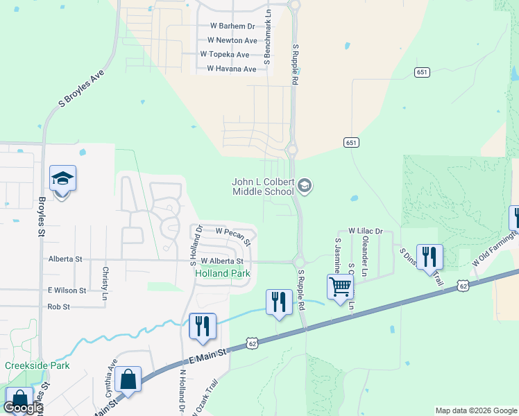 map of restaurants, bars, coffee shops, grocery stores, and more near 4338 West Cottage Street in Fayetteville