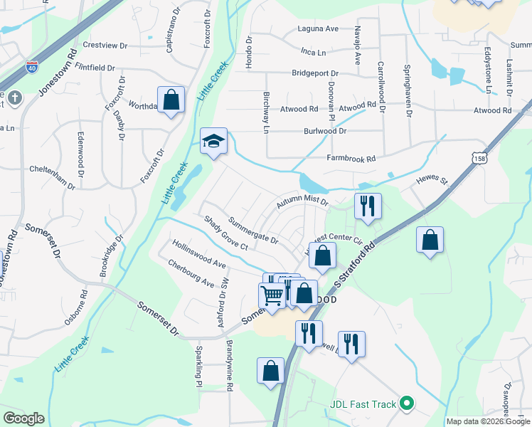 map of restaurants, bars, coffee shops, grocery stores, and more near 2456 Autumn Mist Drive in Winston-Salem