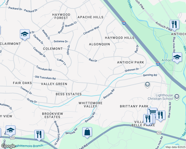 map of restaurants, bars, coffee shops, grocery stores, and more near 227 Leeshan Court in Nashville