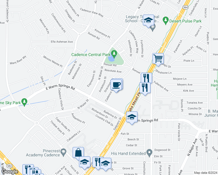 map of restaurants, bars, coffee shops, grocery stores, and more near 374 Gracious Way in Henderson