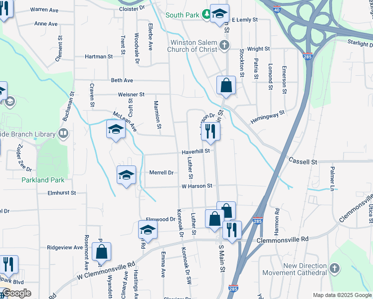 map of restaurants, bars, coffee shops, grocery stores, and more near 203 Haverhill Street in Winston-Salem