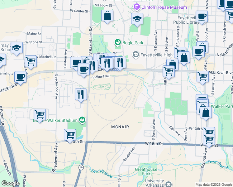 map of restaurants, bars, coffee shops, grocery stores, and more near 929 South Stadium Drive in Fayetteville