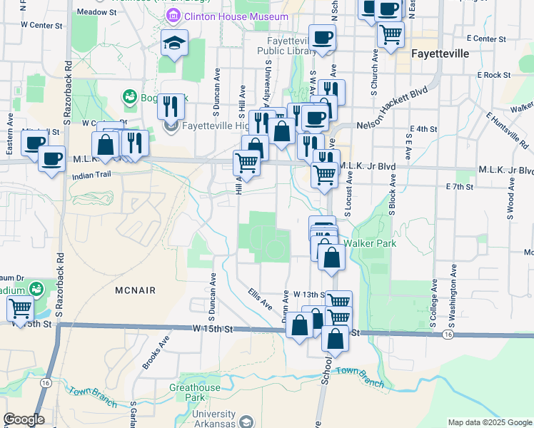 map of restaurants, bars, coffee shops, grocery stores, and more near 903 South Government Avenue in Fayetteville