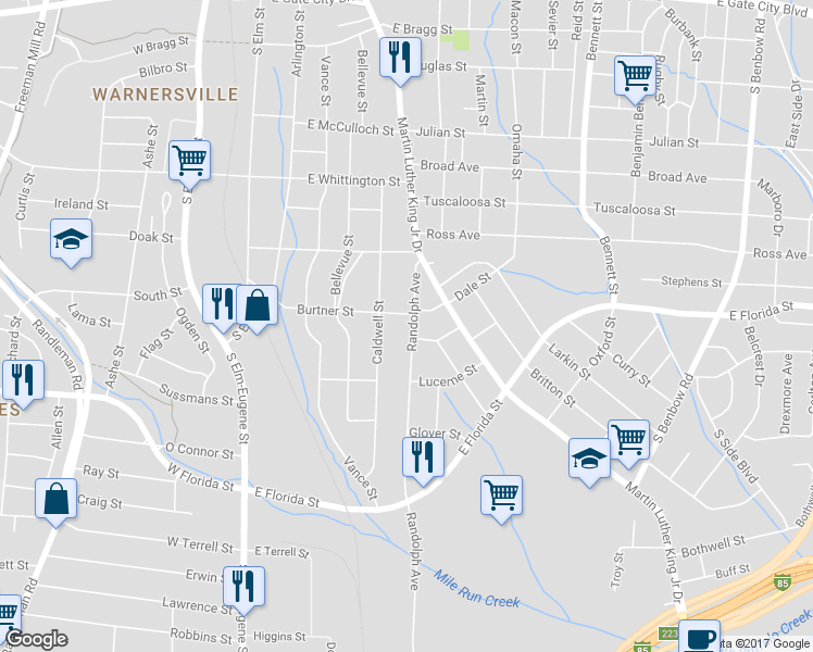 map of restaurants, bars, coffee shops, grocery stores, and more near 1304 Randolph Avenue in Greensboro