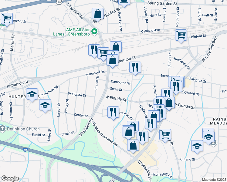 map of restaurants, bars, coffee shops, grocery stores, and more near 1431 Swan Street in Greensboro