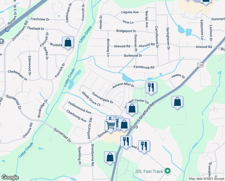 map of restaurants, bars, coffee shops, grocery stores, and more near 2440 Northwick Drive in Winston-Salem