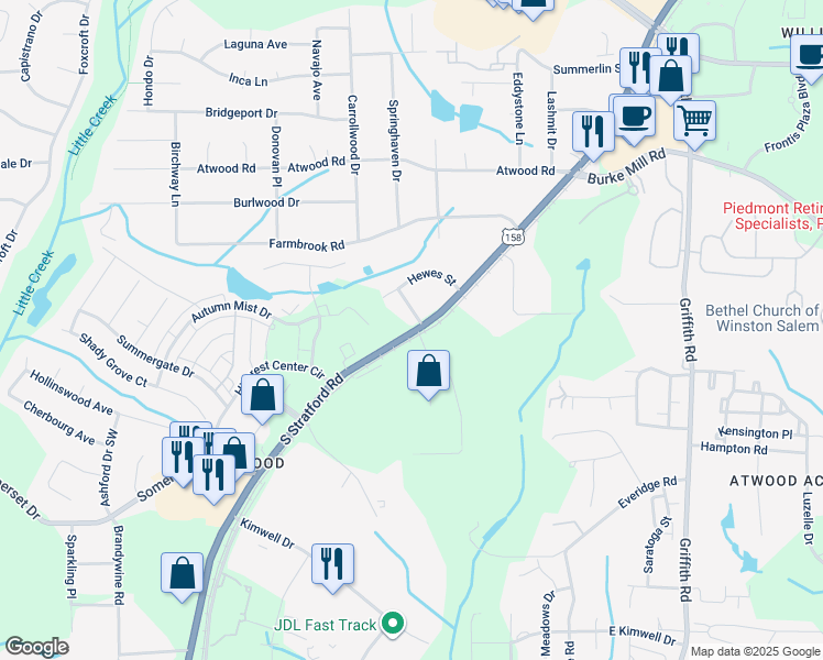 map of restaurants, bars, coffee shops, grocery stores, and more near 154 Hewes Street in Winston-Salem
