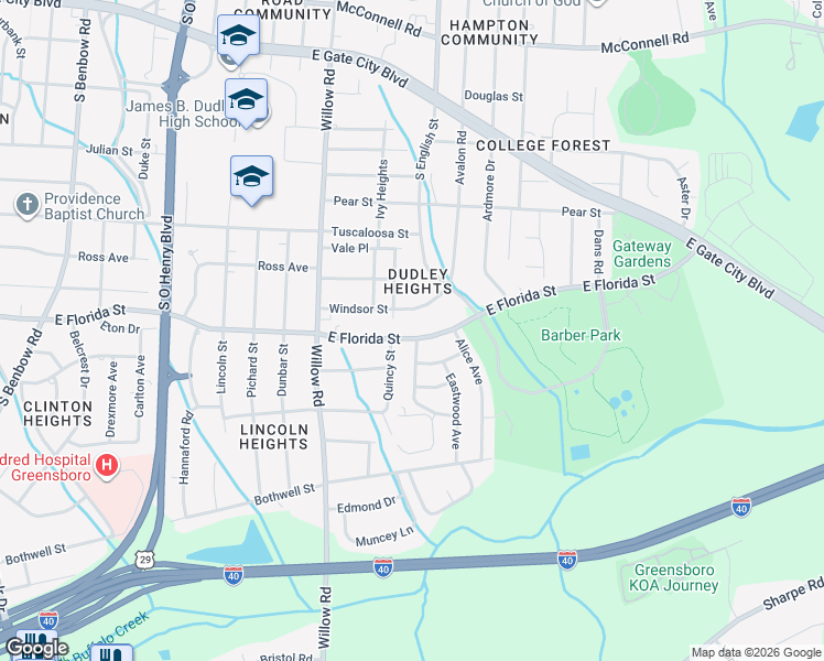 map of restaurants, bars, coffee shops, grocery stores, and more near 2205 East Florida Street in Greensboro