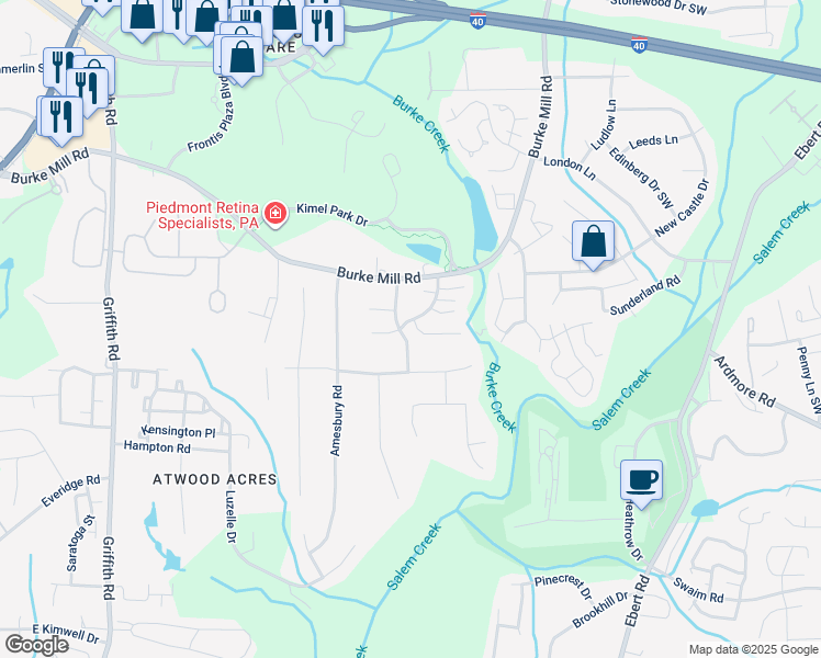 map of restaurants, bars, coffee shops, grocery stores, and more near 2900 Woodington Drive in Winston-Salem