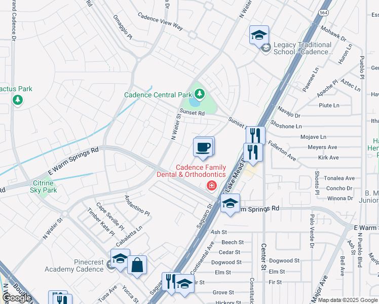 map of restaurants, bars, coffee shops, grocery stores, and more near 374 Gracious Way in Henderson