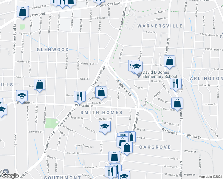 map of restaurants, bars, coffee shops, grocery stores, and more near 700 Marsh Street in Greensboro