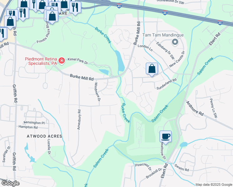 map of restaurants, bars, coffee shops, grocery stores, and more near 2849 Wynfield Crossing Ln in Winston-Salem