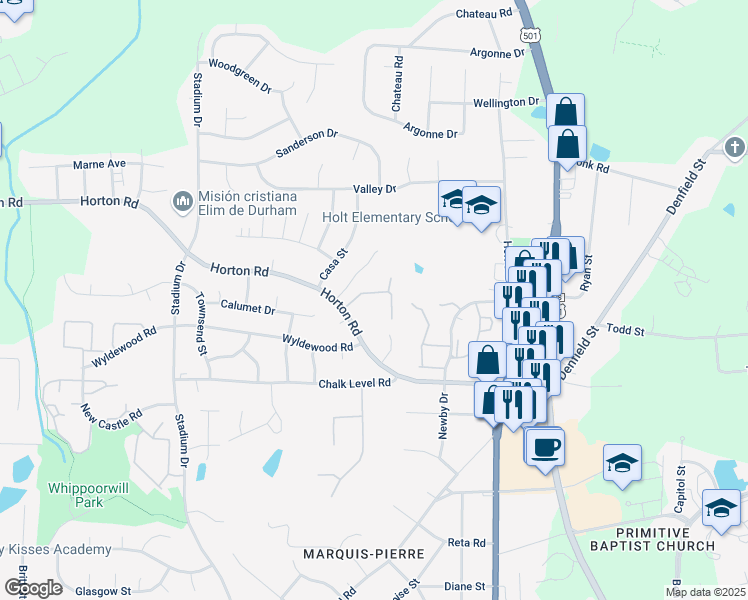 map of restaurants, bars, coffee shops, grocery stores, and more near 844 Horton Road in Durham
