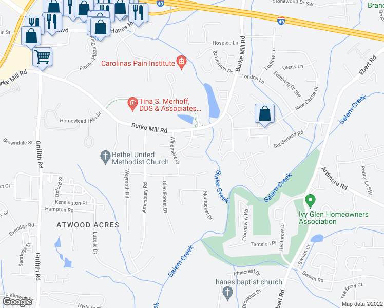 map of restaurants, bars, coffee shops, grocery stores, and more near 2821 Wynfield Crossing Lane in Winston-Salem