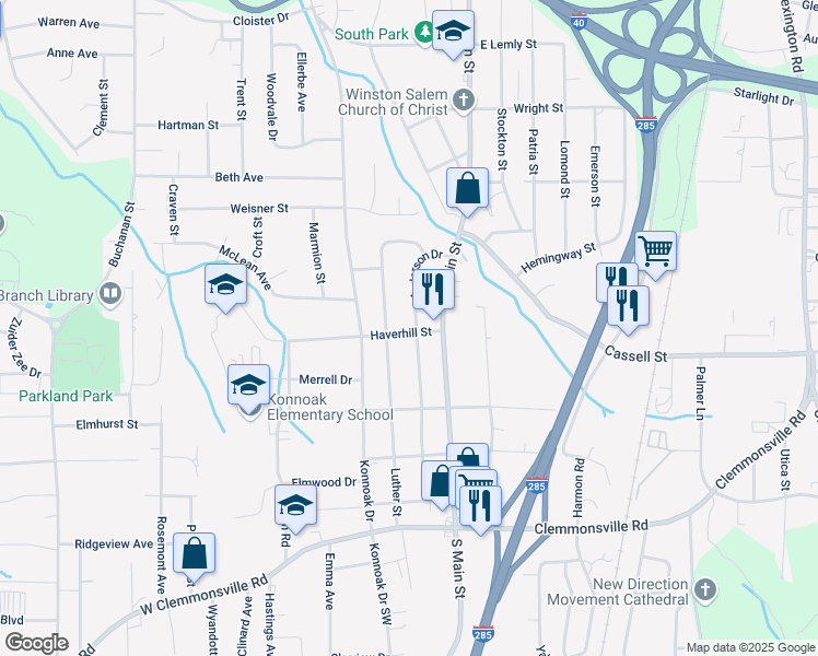 map of restaurants, bars, coffee shops, grocery stores, and more near 3170 Anderson Drive in Winston-Salem