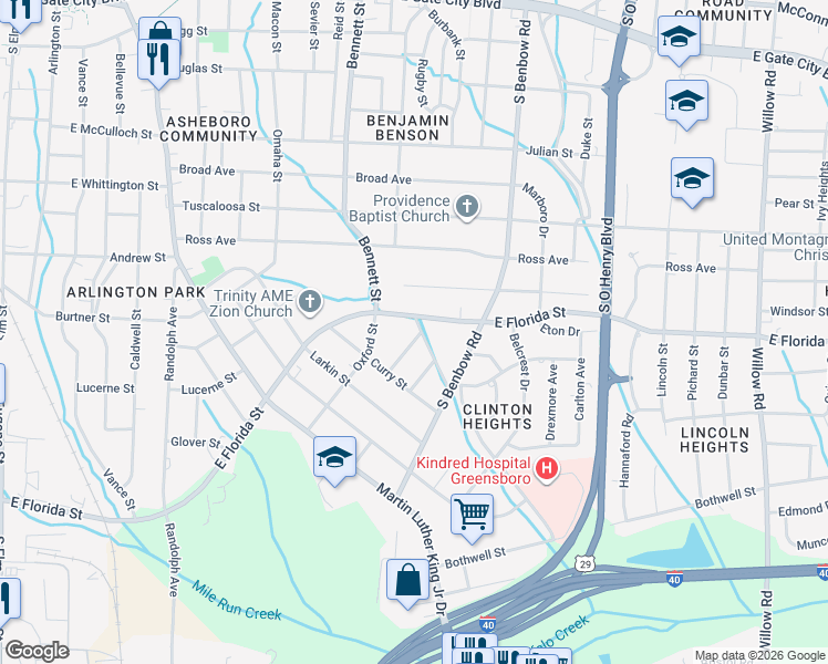map of restaurants, bars, coffee shops, grocery stores, and more near 811 Bellaire Street in Greensboro