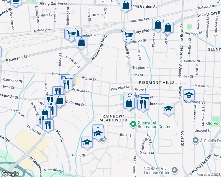 map of restaurants, bars, coffee shops, grocery stores, and more near 2029 Pine Bluff Street in Greensboro