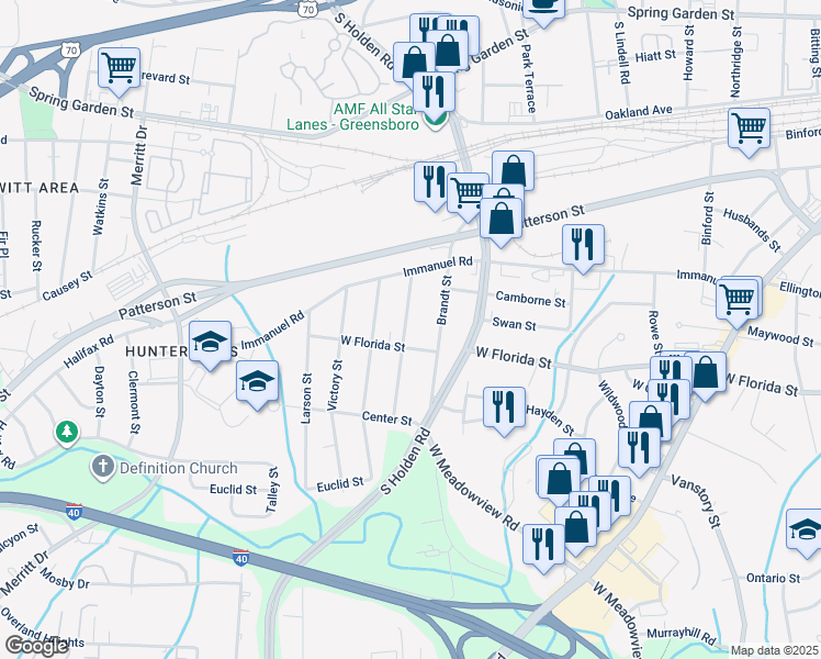 map of restaurants, bars, coffee shops, grocery stores, and more near 1317 Town Street in Greensboro