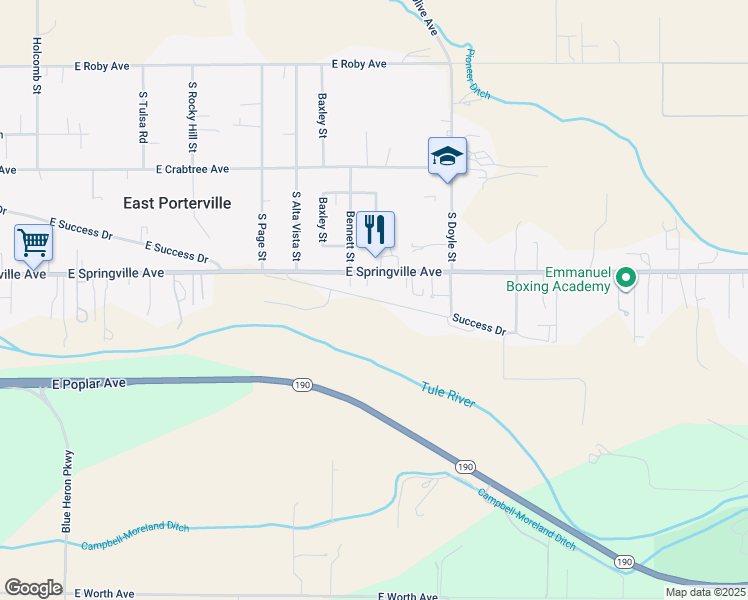 map of restaurants, bars, coffee shops, grocery stores, and more near Richard Avenue in Porterville