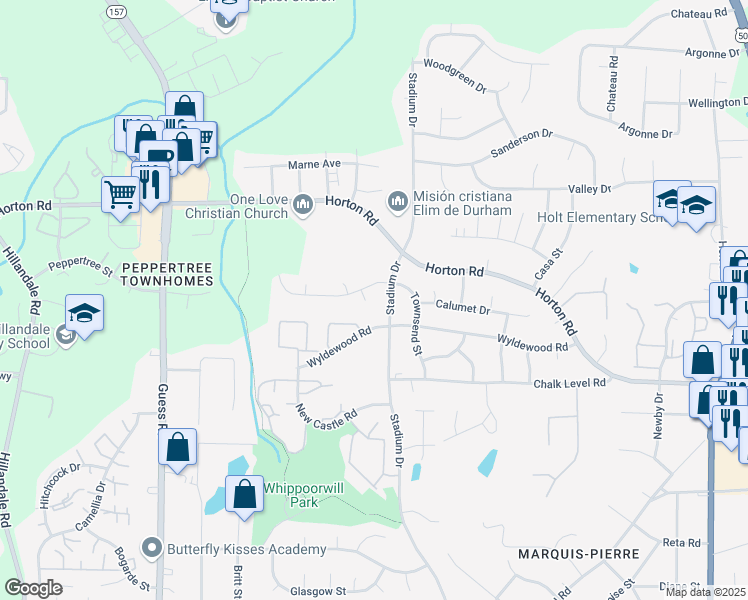 map of restaurants, bars, coffee shops, grocery stores, and more near 4 Sidbrook Court in Durham