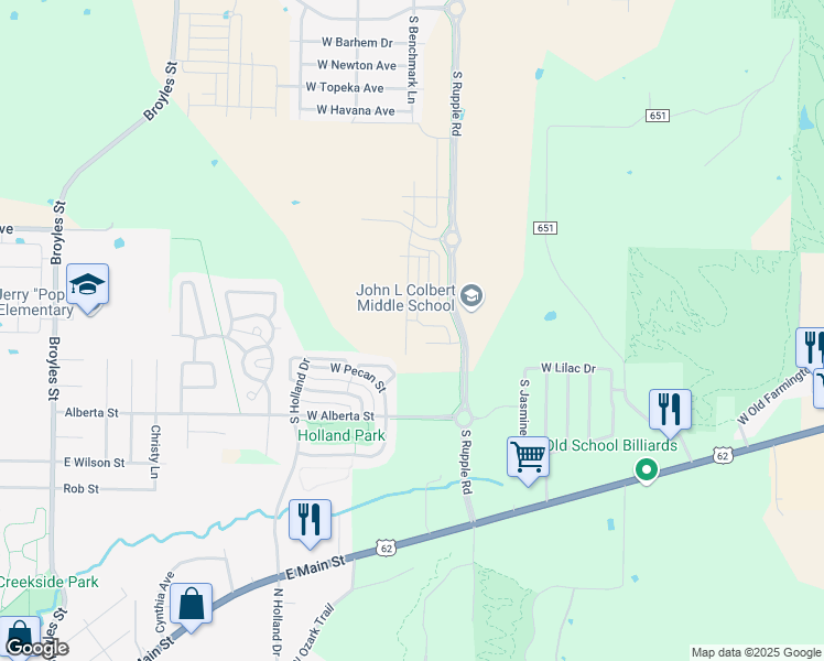 map of restaurants, bars, coffee shops, grocery stores, and more near 4338 West Cottage Street in Fayetteville