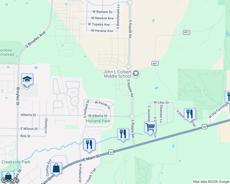 map of restaurants, bars, coffee shops, grocery stores, and more near 4338 West Cottage Street in Fayetteville