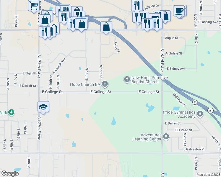 map of restaurants, bars, coffee shops, grocery stores, and more near 1526 East College Street in Broken Arrow