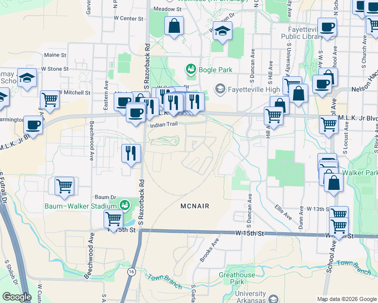 map of restaurants, bars, coffee shops, grocery stores, and more near 876 South Stadium Drive in Fayetteville