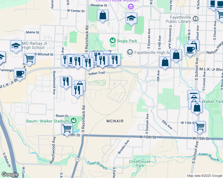 map of restaurants, bars, coffee shops, grocery stores, and more near 878 South Stadium Drive in Fayetteville