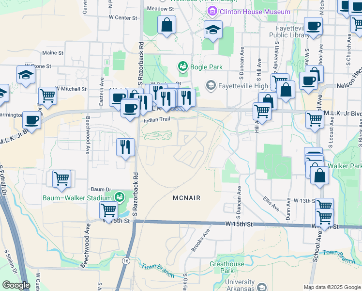 map of restaurants, bars, coffee shops, grocery stores, and more near 884 South Stadium Drive in Fayetteville