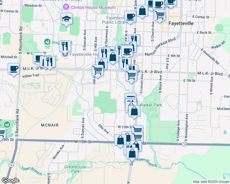 map of restaurants, bars, coffee shops, grocery stores, and more near 605 West Cheshire Court in Fayetteville