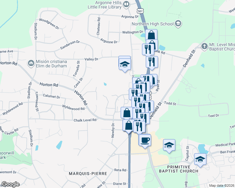 map of restaurants, bars, coffee shops, grocery stores, and more near 105 Stone Hill Court in Durham