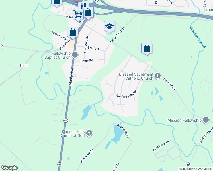 map of restaurants, bars, coffee shops, grocery stores, and more near 1624 Olde Carolina Court in Graham