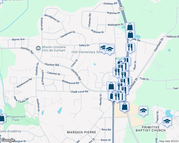 map of restaurants, bars, coffee shops, grocery stores, and more near 844 Horton Road in Durham