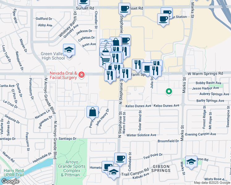 map of restaurants, bars, coffee shops, grocery stores, and more near 375 North Stephanie Street in Henderson