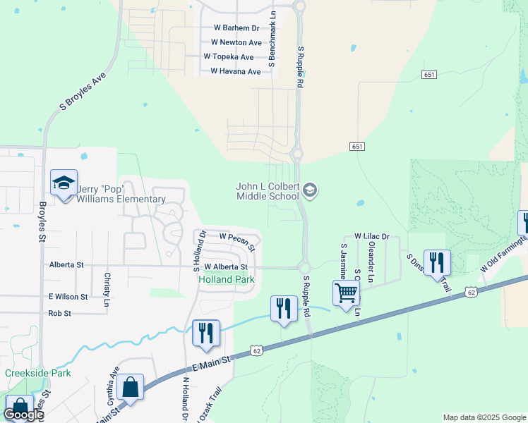 map of restaurants, bars, coffee shops, grocery stores, and more near 4338 West Cottage Street in Fayetteville