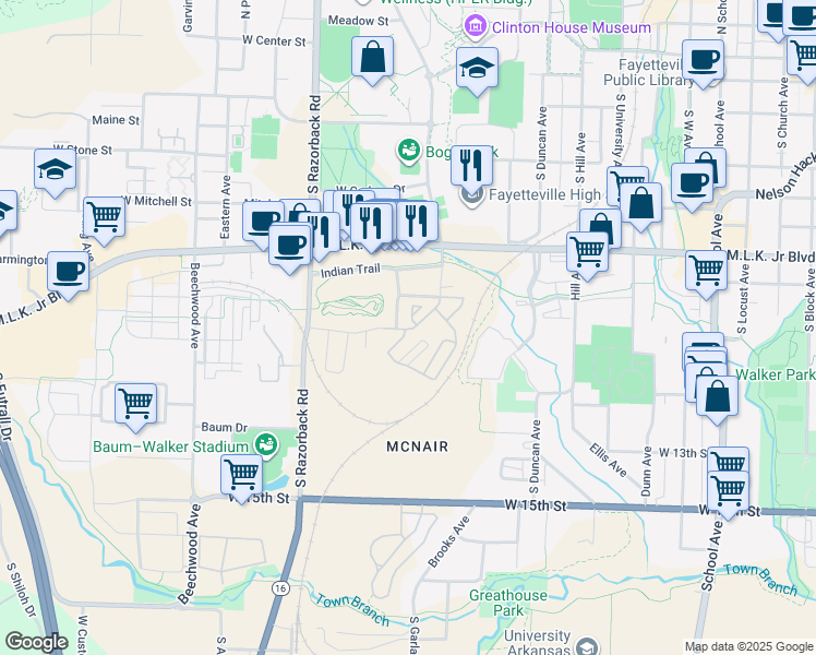 map of restaurants, bars, coffee shops, grocery stores, and more near 848 South Stadium Drive in Fayetteville