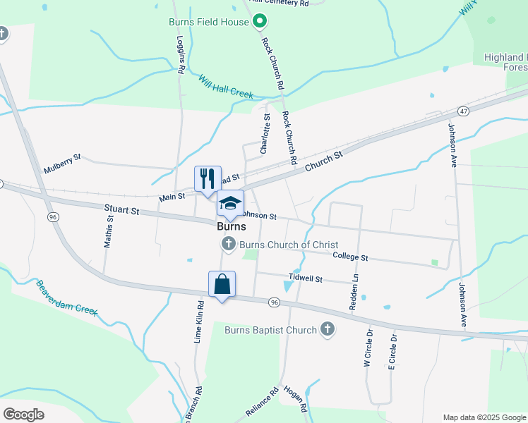 map of restaurants, bars, coffee shops, grocery stores, and more near 1100 Herchel Street in Burns