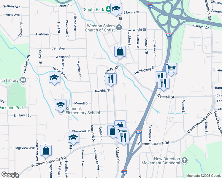 map of restaurants, bars, coffee shops, grocery stores, and more near in Winston-Salem