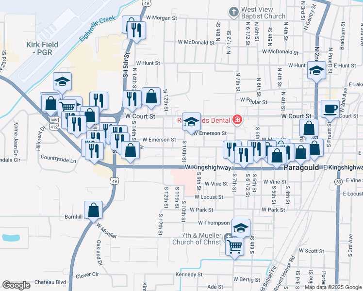 map of restaurants, bars, coffee shops, grocery stores, and more near 208 South 10th Street in Paragould