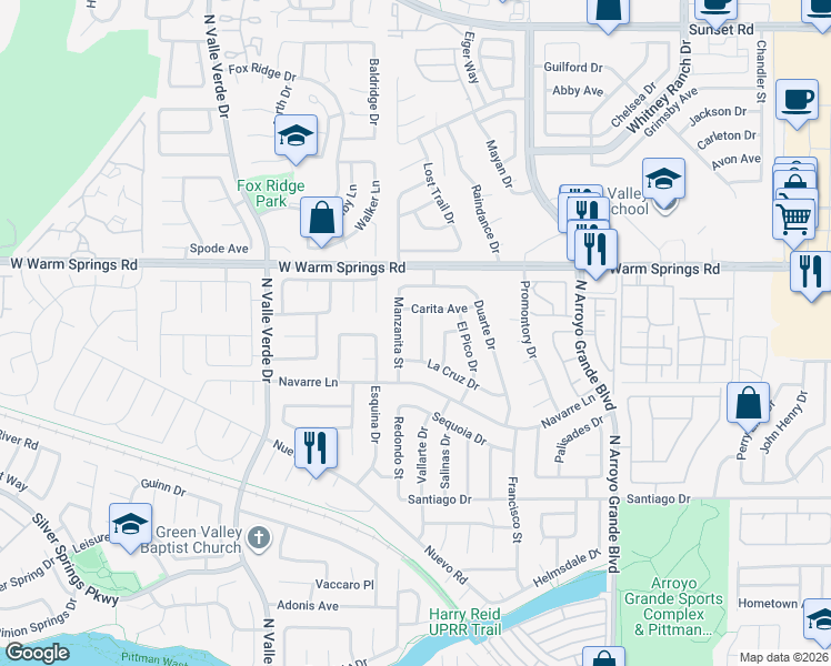 map of restaurants, bars, coffee shops, grocery stores, and more near 375 Tierra Street in Henderson