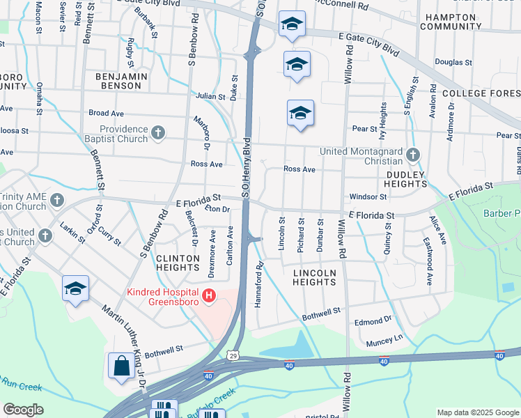 map of restaurants, bars, coffee shops, grocery stores, and more near 1602 East Florida Street in Greensboro
