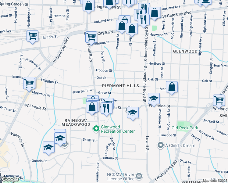 map of restaurants, bars, coffee shops, grocery stores, and more near 1718 Grove Street in Greensboro
